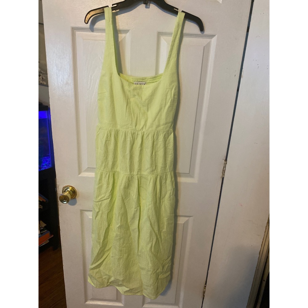 Ava & Viv Lime Green Seersucker Tiered Midi Dress Square Neck Tie Back Size X